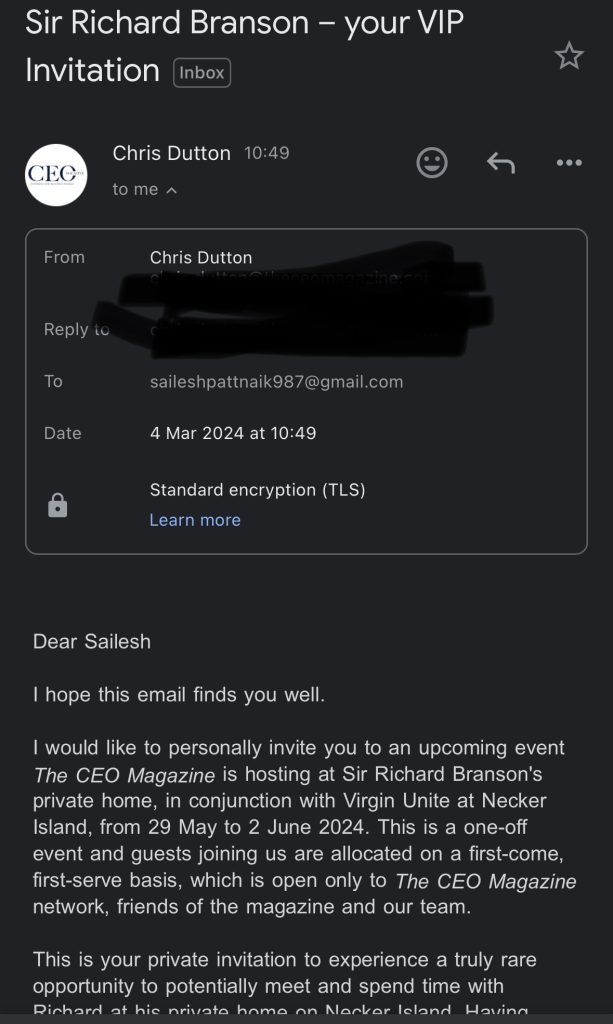 Invitation to join Sir Richard Branson