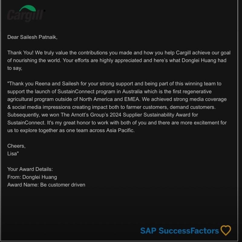 Donglei Best Customer Success Award - Cargill